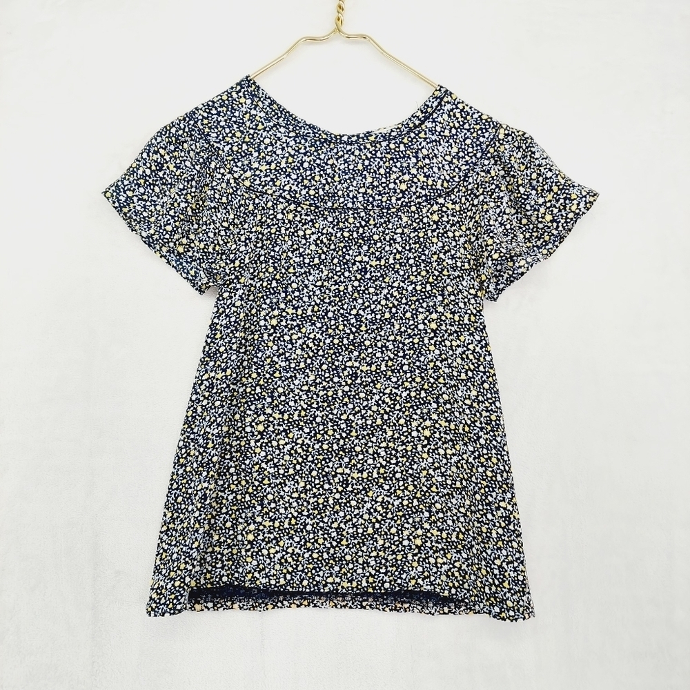 Loft Navy Blue & Yellow Floral Short Sleeve Ruffle Summer Blouse P2842